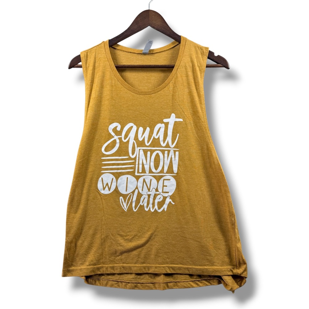 Next Level Apparel Womens Squat Now Wine Later Muscle Tank Top Mustard Yellow XL